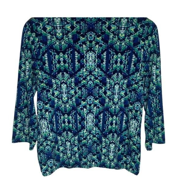 Chicos Blue Green Print Blouse Small Long Sleeve Stretch Work Top - Picture 8 of 12